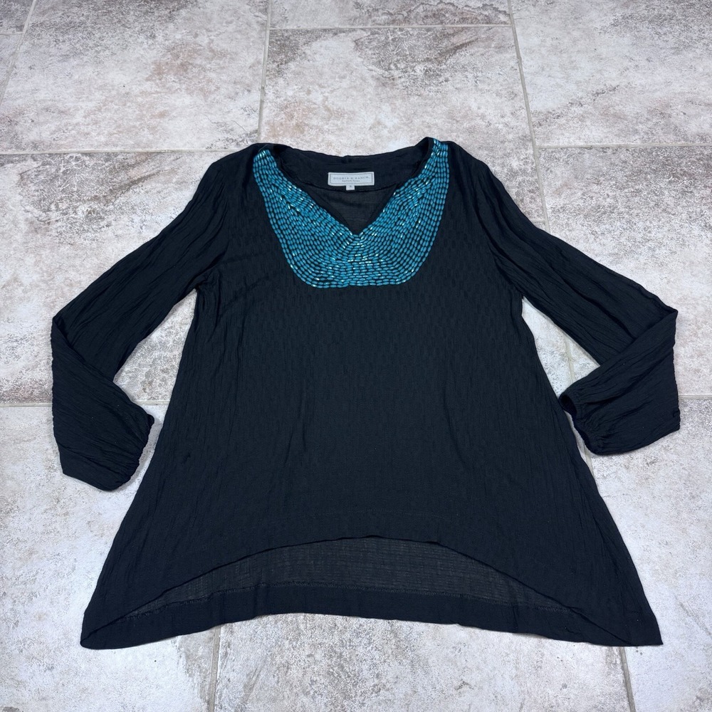 Double D Ranch Small Black Turquoise Boho Western Floral Embroidered Beaded Top